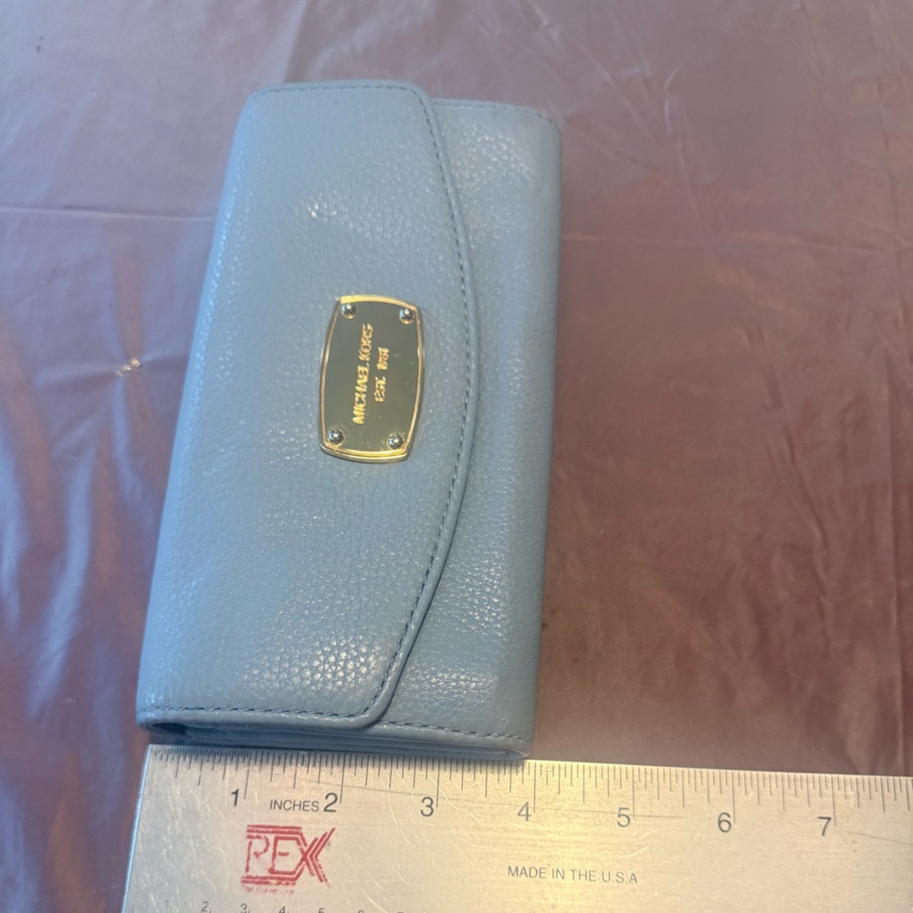 Michael Kors Light Blue Pebbled Jet Set Leather Continental Wallet Gold Plaque - Picture 7 of 8